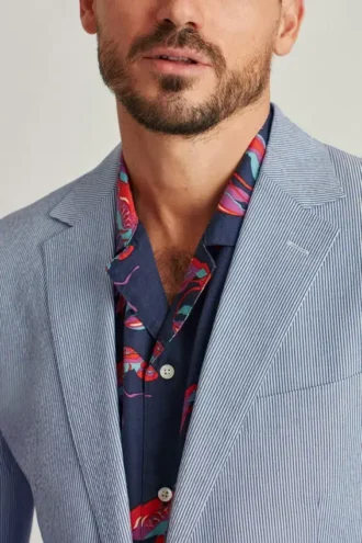 Chaqueta de traje italiana de seersucker elástico – Chaqueta de traje blanca y azul marino